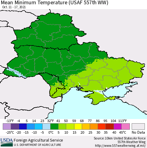 Ukraine, Moldova and Belarus Minimum Temperature (USAF 557th WW) Thematic Map For 10/11/2021 - 10/17/2021