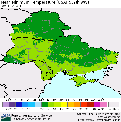 Ukraine, Moldova and Belarus Mean Minimum Temperature (USAF 557th WW) Thematic Map For 10/18/2021 - 10/24/2021