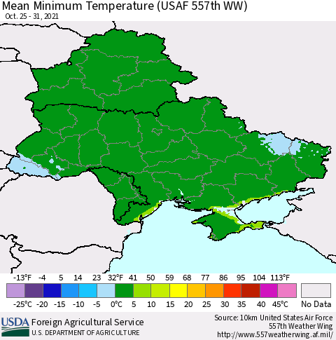 Ukraine, Moldova and Belarus Minimum Temperature (USAF 557th WW) Thematic Map For 10/25/2021 - 10/31/2021