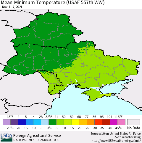 Ukraine, Moldova and Belarus Minimum Temperature (USAF 557th WW) Thematic Map For 11/1/2021 - 11/7/2021