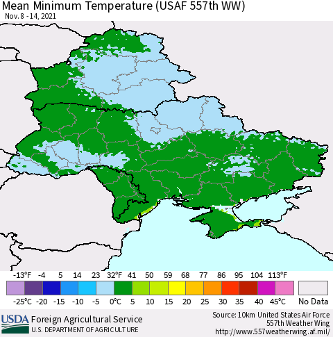 Ukraine, Moldova and Belarus Minimum Temperature (USAF 557th WW) Thematic Map For 11/8/2021 - 11/14/2021
