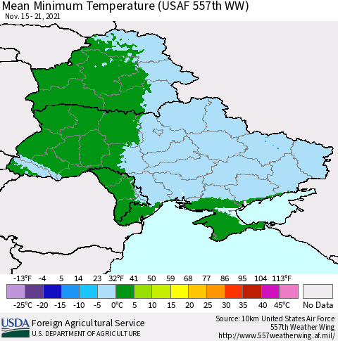 Ukraine, Moldova and Belarus Minimum Temperature (USAF 557th WW) Thematic Map For 11/15/2021 - 11/21/2021