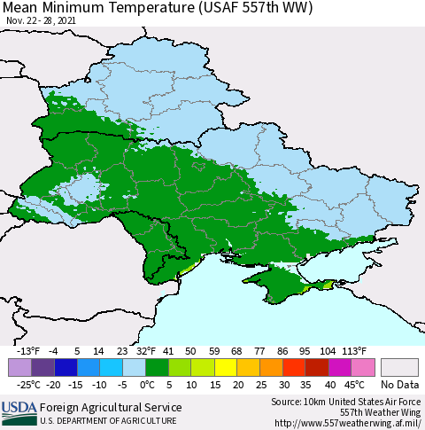 Ukraine, Moldova and Belarus Mean Minimum Temperature (USAF 557th WW) Thematic Map For 11/22/2021 - 11/28/2021