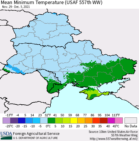 Ukraine, Moldova and Belarus Mean Minimum Temperature (USAF 557th WW) Thematic Map For 11/29/2021 - 12/5/2021