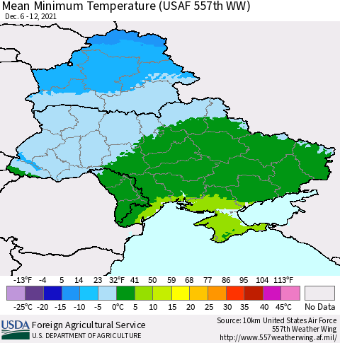 Ukraine, Moldova and Belarus Mean Minimum Temperature (USAF 557th WW) Thematic Map For 12/6/2021 - 12/12/2021