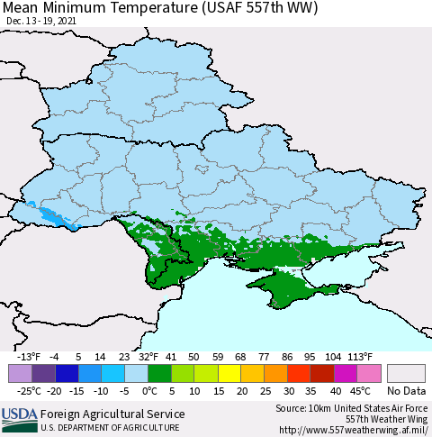 Ukraine, Moldova and Belarus Mean Minimum Temperature (USAF 557th WW) Thematic Map For 12/13/2021 - 12/19/2021