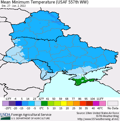 Ukraine, Moldova and Belarus Minimum Temperature (USAF 557th WW) Thematic Map For 12/27/2021 - 1/2/2022