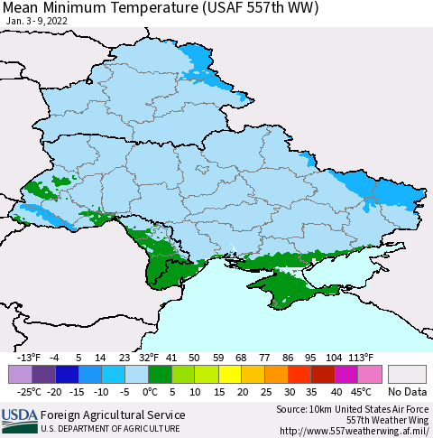 Ukraine, Moldova and Belarus Mean Minimum Temperature (USAF 557th WW) Thematic Map For 1/3/2022 - 1/9/2022