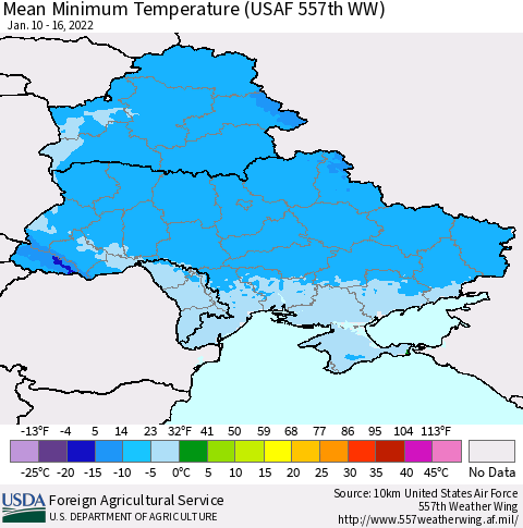 Ukraine, Moldova and Belarus Mean Minimum Temperature (USAF 557th WW) Thematic Map For 1/10/2022 - 1/16/2022