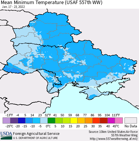 Ukraine, Moldova and Belarus Mean Minimum Temperature (USAF 557th WW) Thematic Map For 1/17/2022 - 1/23/2022