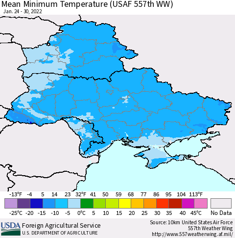 Ukraine, Moldova and Belarus Mean Minimum Temperature (USAF 557th WW) Thematic Map For 1/24/2022 - 1/30/2022