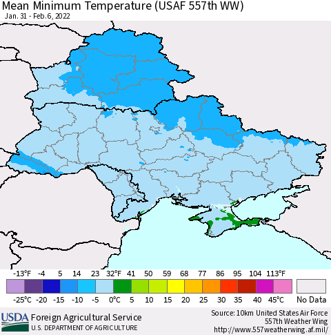 Ukraine, Moldova and Belarus Mean Minimum Temperature (USAF 557th WW) Thematic Map For 1/31/2022 - 2/6/2022