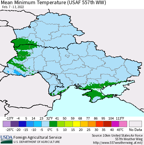 Ukraine, Moldova and Belarus Mean Minimum Temperature (USAF 557th WW) Thematic Map For 2/7/2022 - 2/13/2022