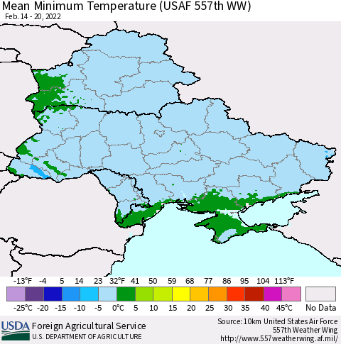 Ukraine, Moldova and Belarus Mean Minimum Temperature (USAF 557th WW) Thematic Map For 2/14/2022 - 2/20/2022