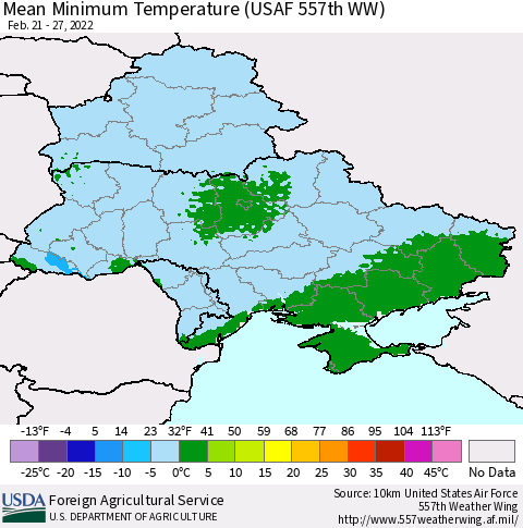 Ukraine, Moldova and Belarus Mean Minimum Temperature (USAF 557th WW) Thematic Map For 2/21/2022 - 2/27/2022