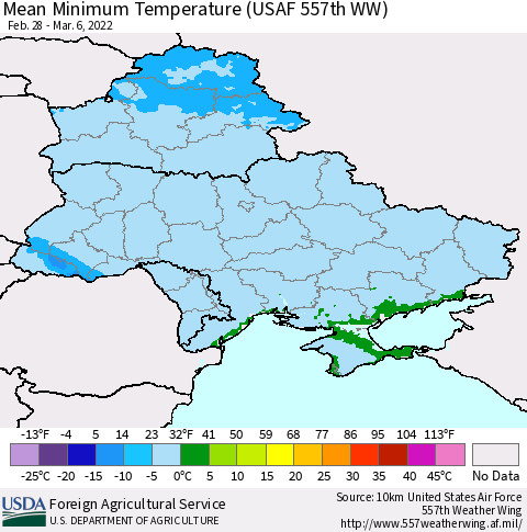 Ukraine, Moldova and Belarus Mean Minimum Temperature (USAF 557th WW) Thematic Map For 2/28/2022 - 3/6/2022