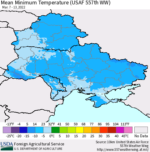 Ukraine, Moldova and Belarus Mean Minimum Temperature (USAF 557th WW) Thematic Map For 3/7/2022 - 3/13/2022