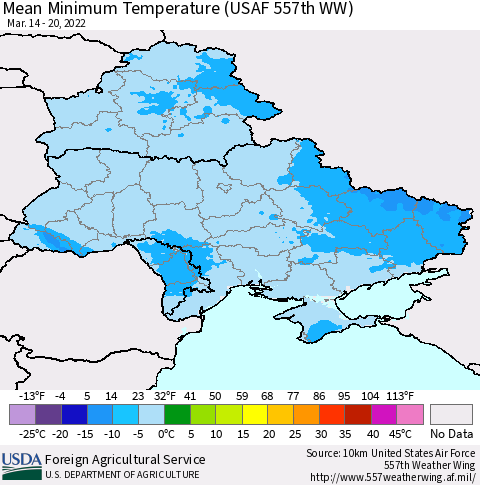 Ukraine, Moldova and Belarus Mean Minimum Temperature (USAF 557th WW) Thematic Map For 3/14/2022 - 3/20/2022