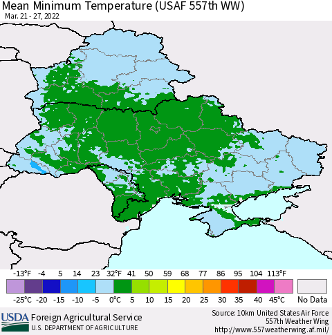Ukraine, Moldova and Belarus Mean Minimum Temperature (USAF 557th WW) Thematic Map For 3/21/2022 - 3/27/2022