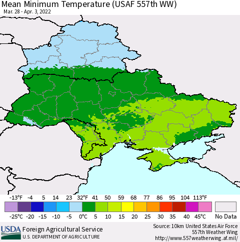 Ukraine, Moldova and Belarus Mean Minimum Temperature (USAF 557th WW) Thematic Map For 3/28/2022 - 4/3/2022