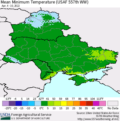 Ukraine, Moldova and Belarus Mean Minimum Temperature (USAF 557th WW) Thematic Map For 4/4/2022 - 4/10/2022