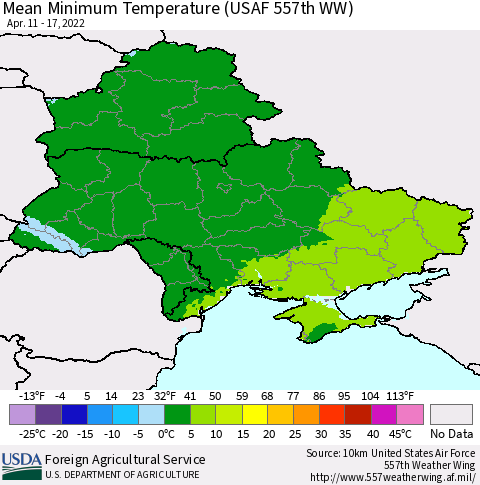 Ukraine, Moldova and Belarus Minimum Temperature (USAF 557th WW) Thematic Map For 4/11/2022 - 4/17/2022