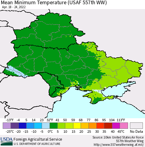 Ukraine, Moldova and Belarus Minimum Temperature (USAF 557th WW) Thematic Map For 4/18/2022 - 4/24/2022