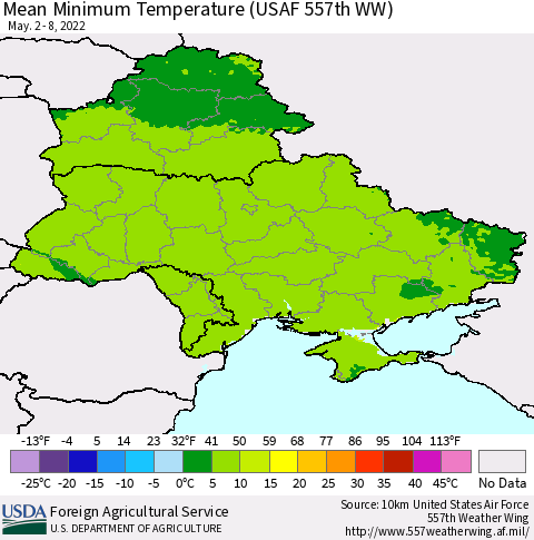 Ukraine, Moldova and Belarus Minimum Temperature (USAF 557th WW) Thematic Map For 5/2/2022 - 5/8/2022