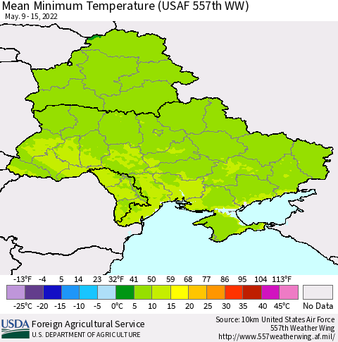 Ukraine, Moldova and Belarus Mean Minimum Temperature (USAF 557th WW) Thematic Map For 5/9/2022 - 5/15/2022