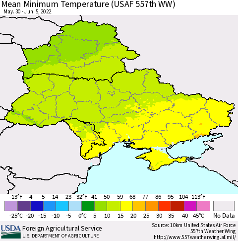 Ukraine, Moldova and Belarus Minimum Temperature (USAF 557th WW) Thematic Map For 5/30/2022 - 6/5/2022