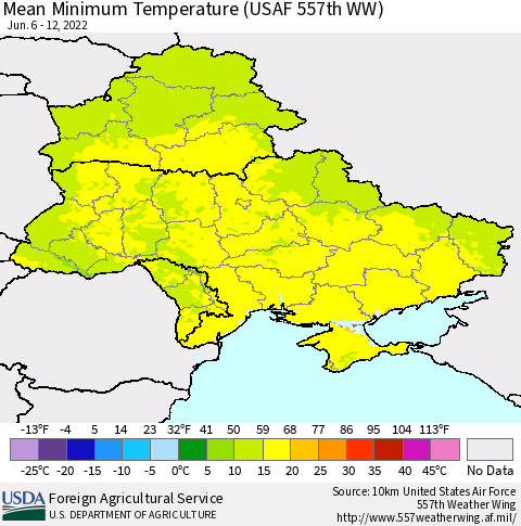 Ukraine, Moldova and Belarus Minimum Temperature (USAF 557th WW) Thematic Map For 6/6/2022 - 6/12/2022