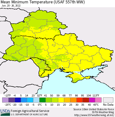 Ukraine, Moldova and Belarus Minimum Temperature (USAF 557th WW) Thematic Map For 6/20/2022 - 6/26/2022