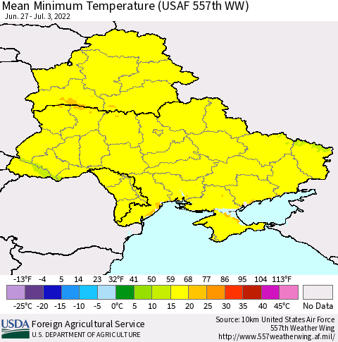 Ukraine, Moldova and Belarus Mean Minimum Temperature (USAF 557th WW) Thematic Map For 6/27/2022 - 7/3/2022