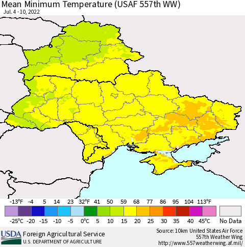 Ukraine, Moldova and Belarus Minimum Temperature (USAF 557th WW) Thematic Map For 7/4/2022 - 7/10/2022