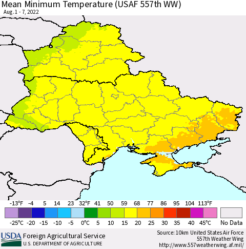 Ukraine, Moldova and Belarus Minimum Temperature (USAF 557th WW) Thematic Map For 8/1/2022 - 8/7/2022