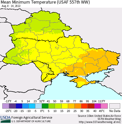 Ukraine, Moldova and Belarus Mean Minimum Temperature (USAF 557th WW) Thematic Map For 8/8/2022 - 8/14/2022