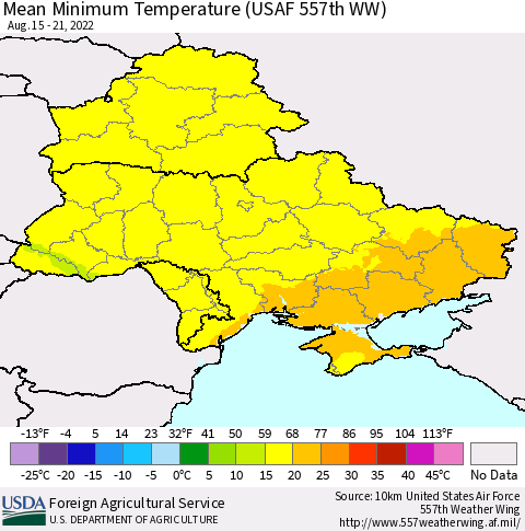 Ukraine, Moldova and Belarus Minimum Temperature (USAF 557th WW) Thematic Map For 8/15/2022 - 8/21/2022