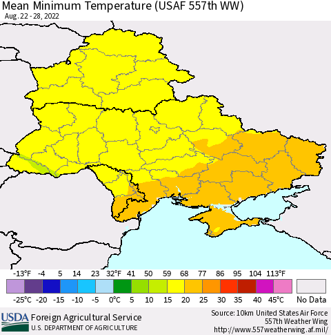 Ukraine, Moldova and Belarus Minimum Temperature (USAF 557th WW) Thematic Map For 8/22/2022 - 8/28/2022