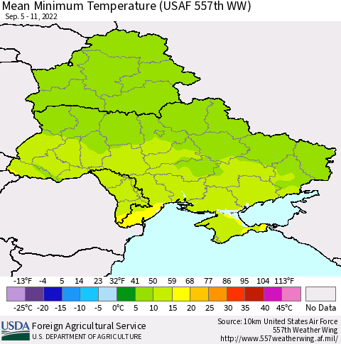 Ukraine, Moldova and Belarus Minimum Temperature (USAF 557th WW) Thematic Map For 9/5/2022 - 9/11/2022