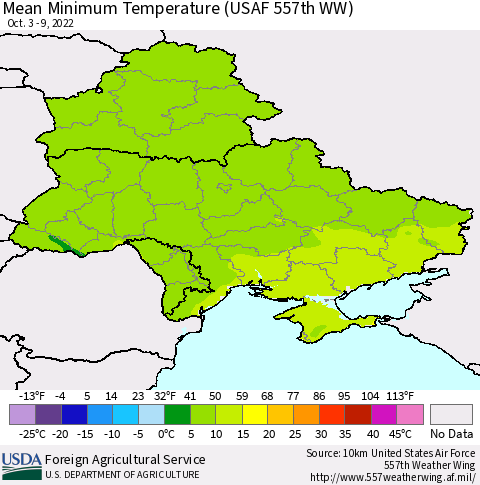 Ukraine, Moldova and Belarus Mean Minimum Temperature (USAF 557th WW) Thematic Map For 10/3/2022 - 10/9/2022