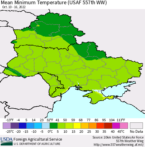Ukraine, Moldova and Belarus Mean Minimum Temperature (USAF 557th WW) Thematic Map For 10/10/2022 - 10/16/2022