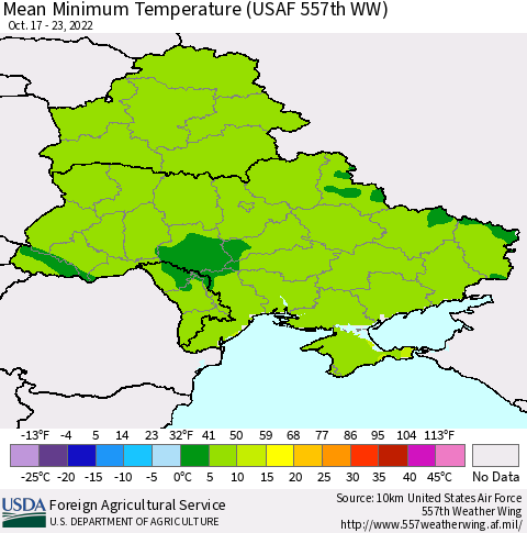 Ukraine, Moldova and Belarus Mean Minimum Temperature (USAF 557th WW) Thematic Map For 10/17/2022 - 10/23/2022