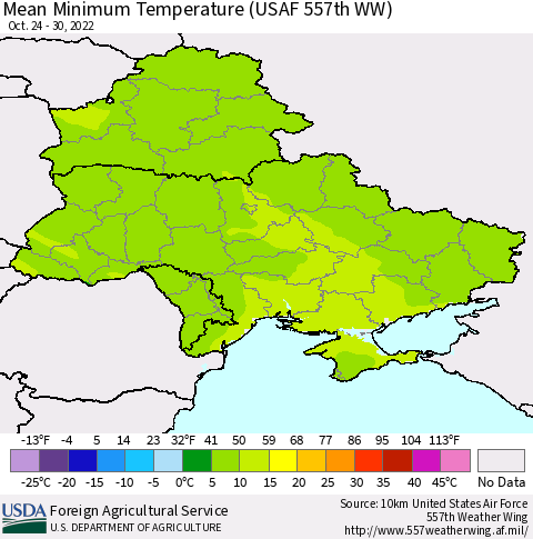 Ukraine, Moldova and Belarus Mean Minimum Temperature (USAF 557th WW) Thematic Map For 10/24/2022 - 10/30/2022
