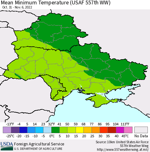Ukraine, Moldova and Belarus Mean Minimum Temperature (USAF 557th WW) Thematic Map For 10/31/2022 - 11/6/2022