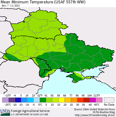 Ukraine, Moldova and Belarus Mean Minimum Temperature (USAF 557th WW) Thematic Map For 11/7/2022 - 11/13/2022
