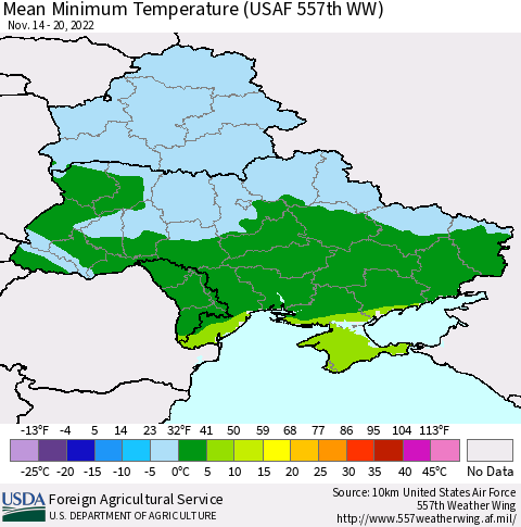 Ukraine, Moldova and Belarus Mean Minimum Temperature (USAF 557th WW) Thematic Map For 11/14/2022 - 11/20/2022