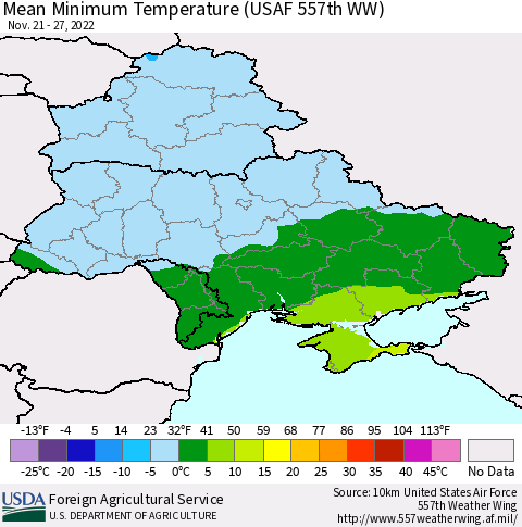 Ukraine, Moldova and Belarus Mean Minimum Temperature (USAF 557th WW) Thematic Map For 11/21/2022 - 11/27/2022