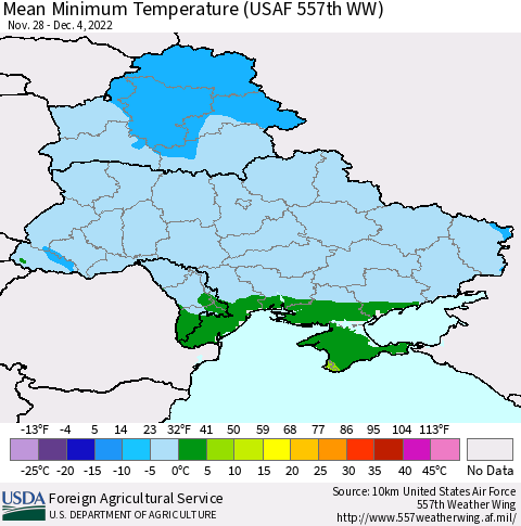 Ukraine, Moldova and Belarus Mean Minimum Temperature (USAF 557th WW) Thematic Map For 11/28/2022 - 12/4/2022