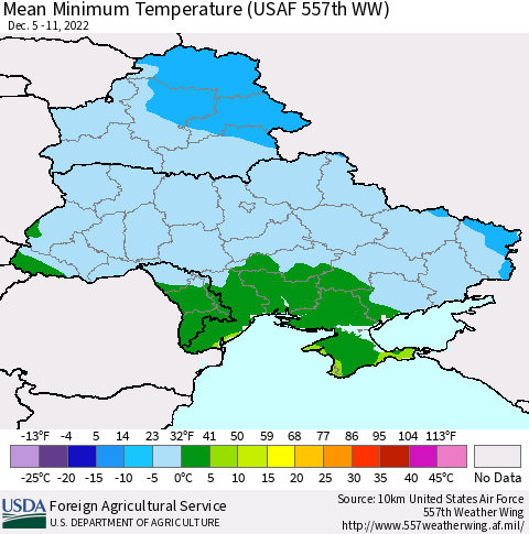 Ukraine, Moldova and Belarus Mean Minimum Temperature (USAF 557th WW) Thematic Map For 12/5/2022 - 12/11/2022