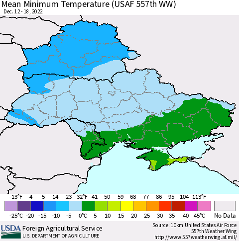 Ukraine, Moldova and Belarus Mean Minimum Temperature (USAF 557th WW) Thematic Map For 12/12/2022 - 12/18/2022